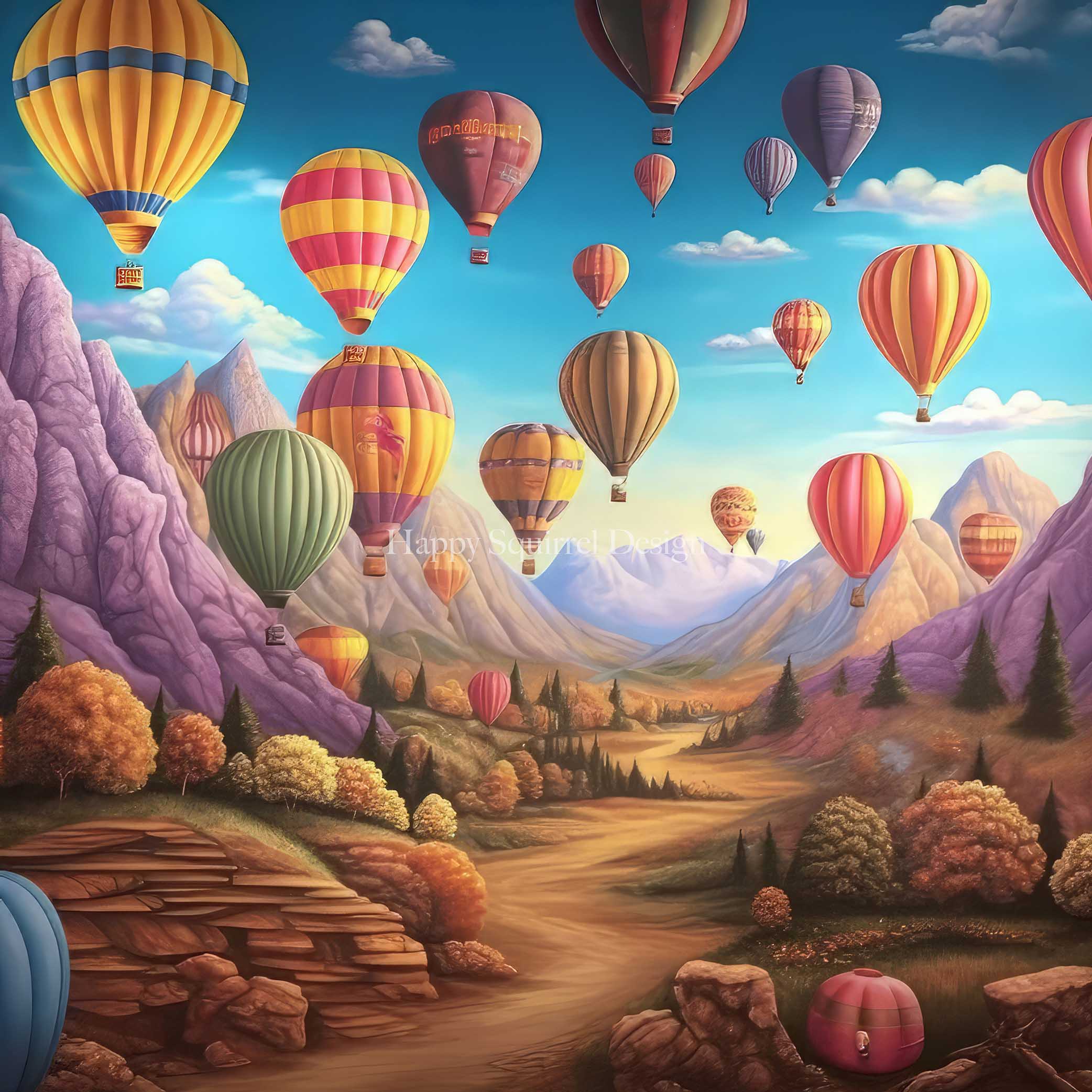 Kate Mountainside Air Balloons Backdrop Designed by Happy Squirrel Design
