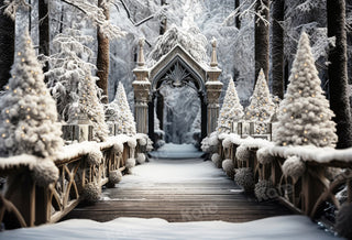 Kate Winter Christmas Outdoor Wooden Path Forest Tree Printed Backdrop for Photography