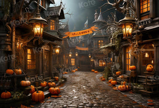 Kate Halloween Street Pumpkin Printed Backdrop Designed by Emetselch