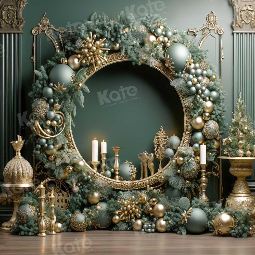 Kate Christmas Vintage Green Wall Big Wreath Fleece Backdrop Designed by Emetselch