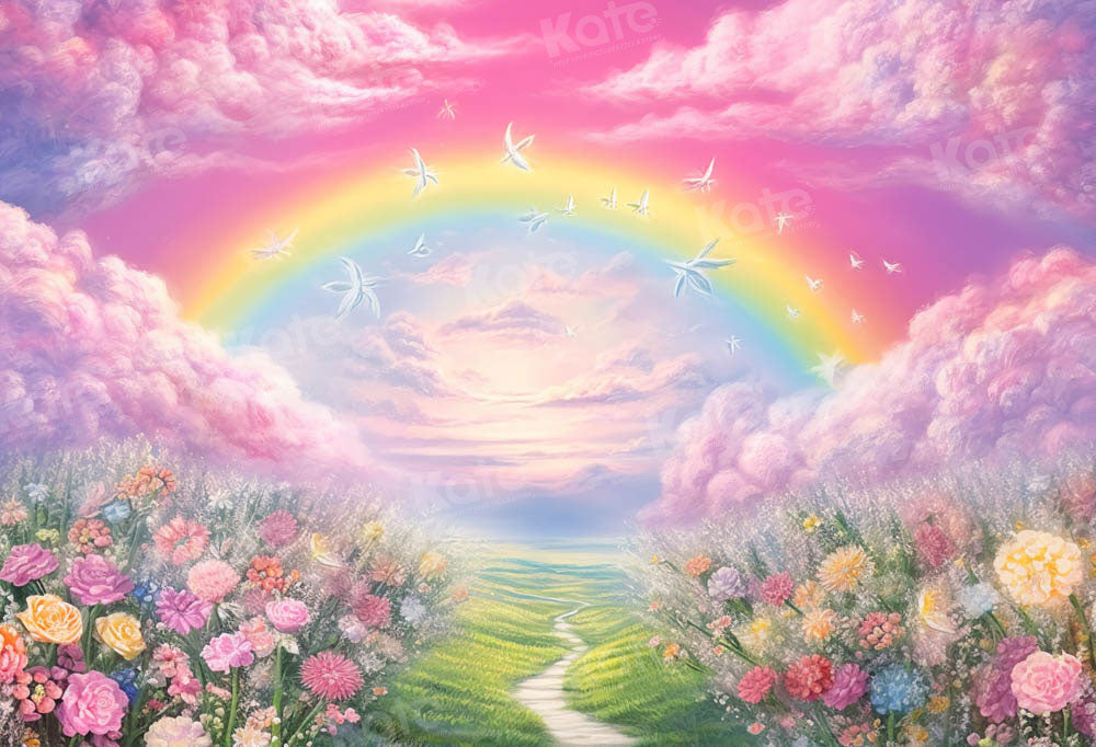 Kate Summer Pink Flower Field Rainbow Backdrop Designed by Emetselch