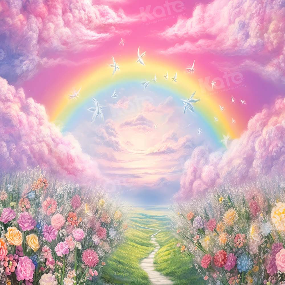 Kate Summer Pink Flower Field Rainbow Backdrop Designed by Emetselch