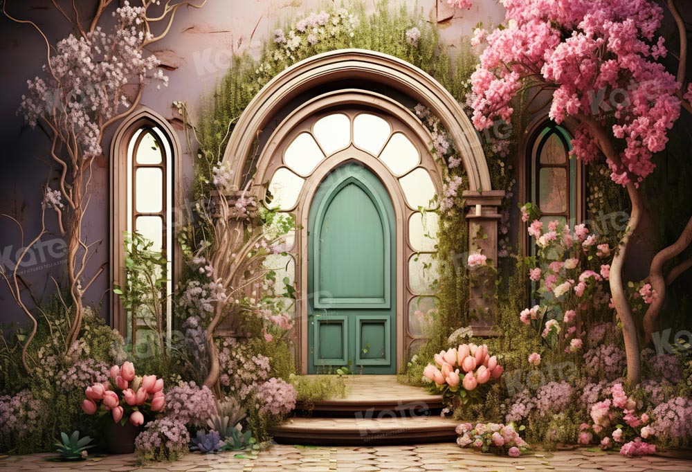 Kate Summer Pink Flower Tree House Green Door Backdrop Designed by Emetselch