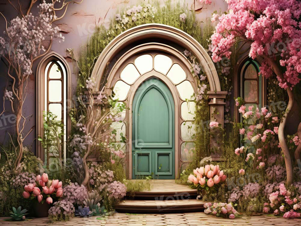 Kate Summer Pink Flower Tree House Green Door Backdrop Designed by Emetselch