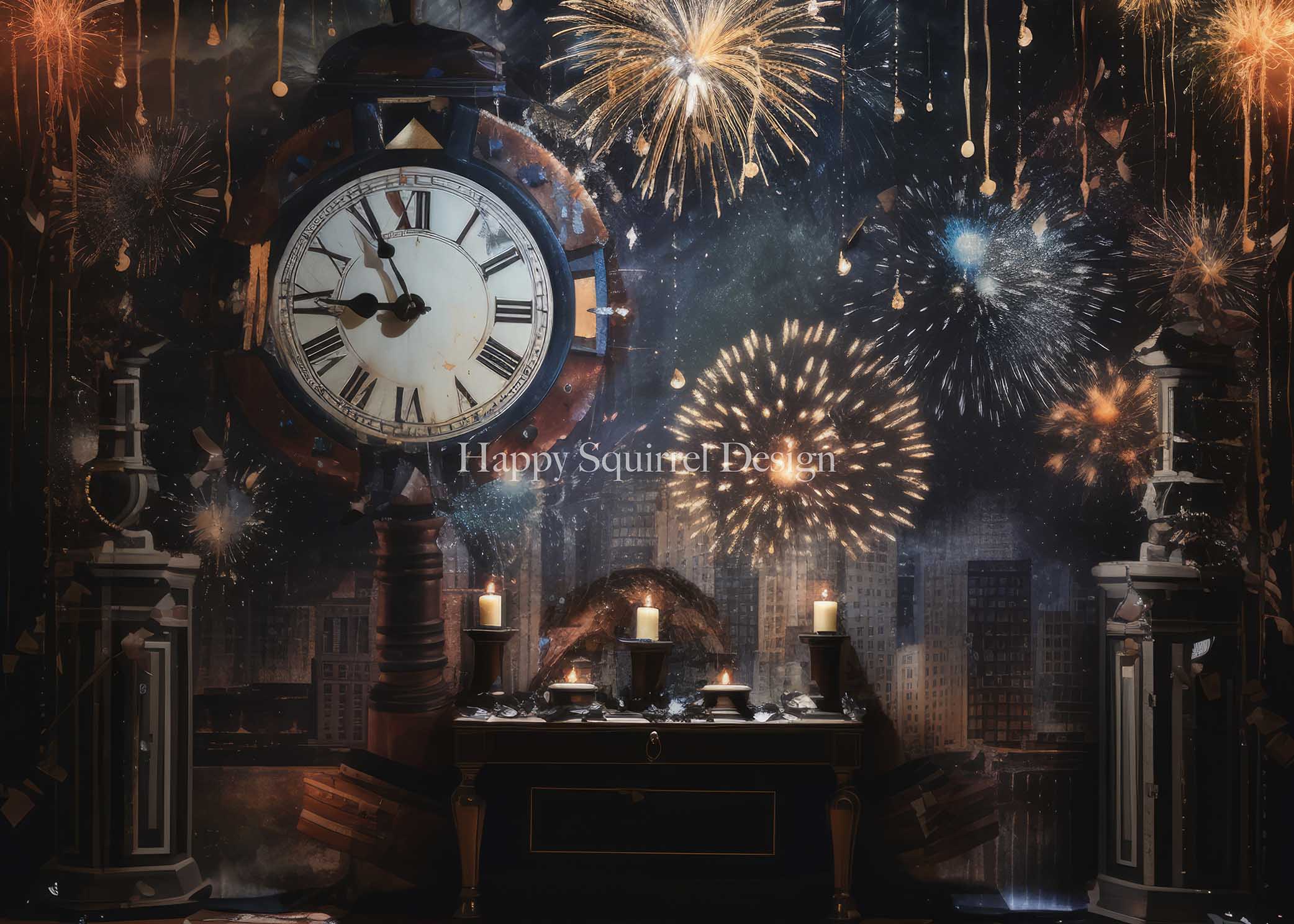 Kate Holiday Celebration Clock Fireworks Backdrop Designed by Happy Squirrel Design
