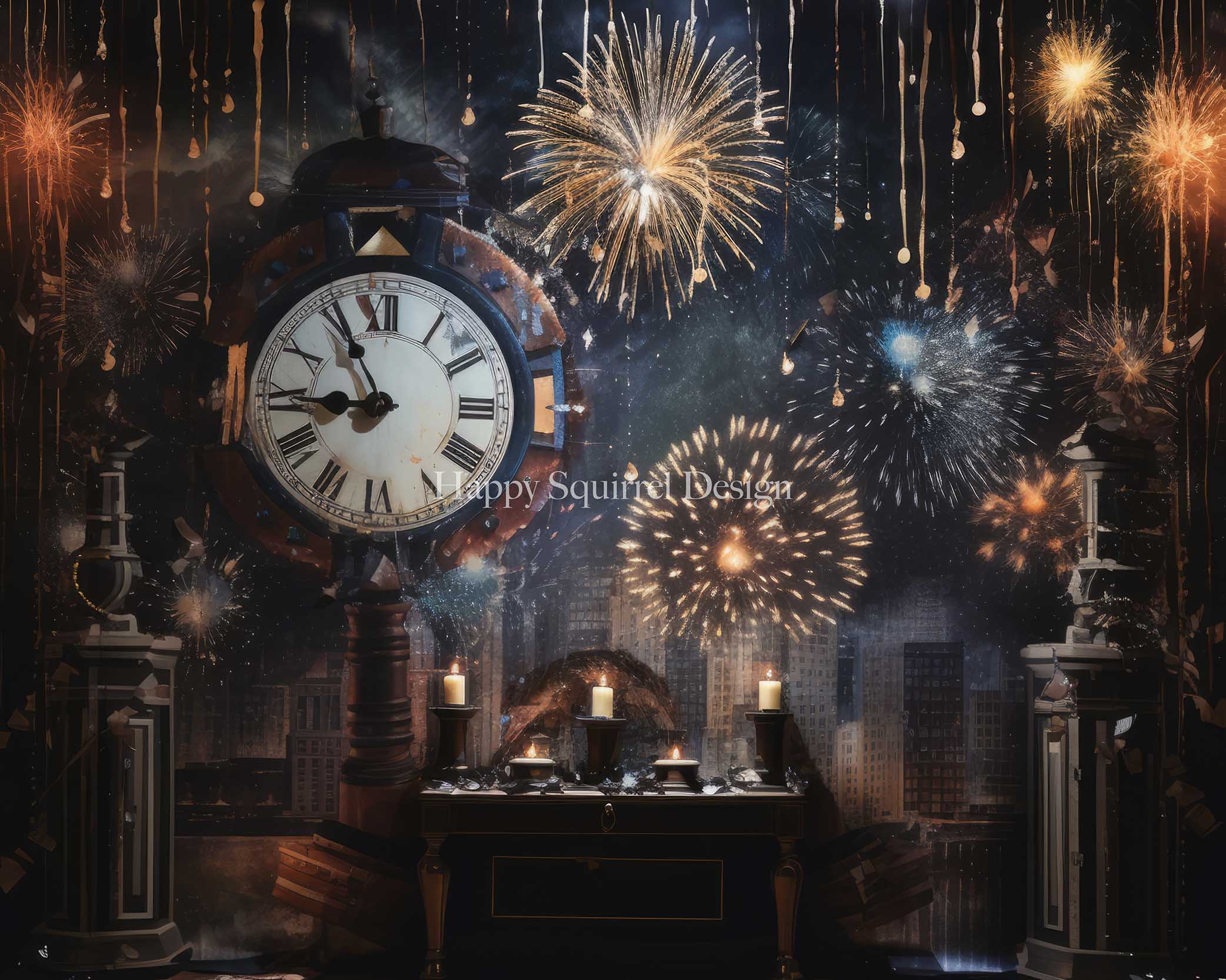 Kate Holiday Celebration Clock Fireworks Backdrop Designed by Happy Sq