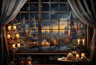 Natale Inverno Citta Notturna Fuori Dalla Finestra Candela Sullo Sfondo Progettato da Emetselch