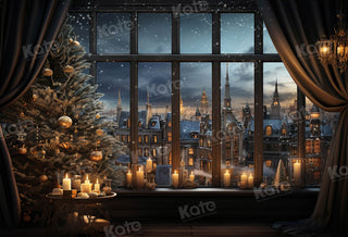 Kate Christmas Window Candle Town in Night Printed Backdrop Designed by Emetselch