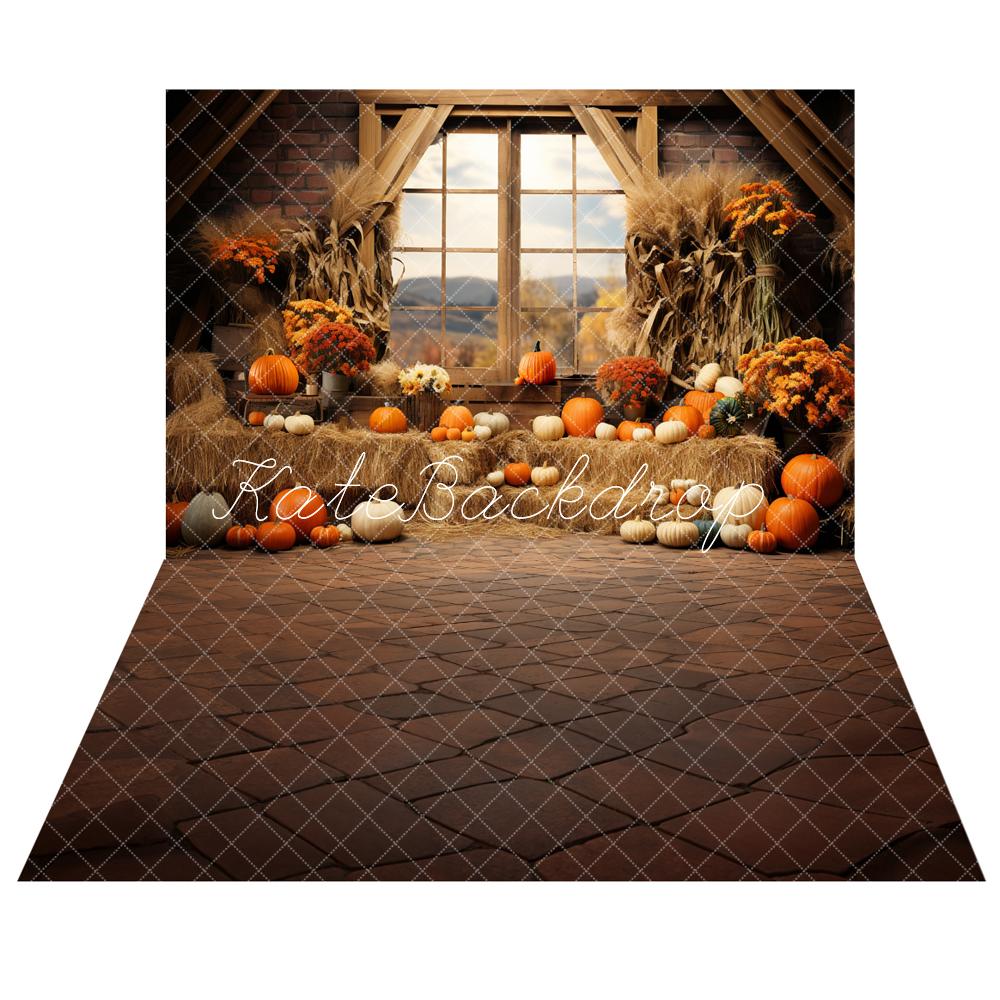 Kate Autumn Pumpkin Barn Backdrop+Retro Dark Brown Plaid Floor Backdrop