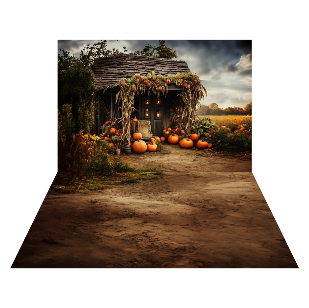 Kate Autumn Field Pumpkin Old House Backdrop+Soil Floor Backdrop