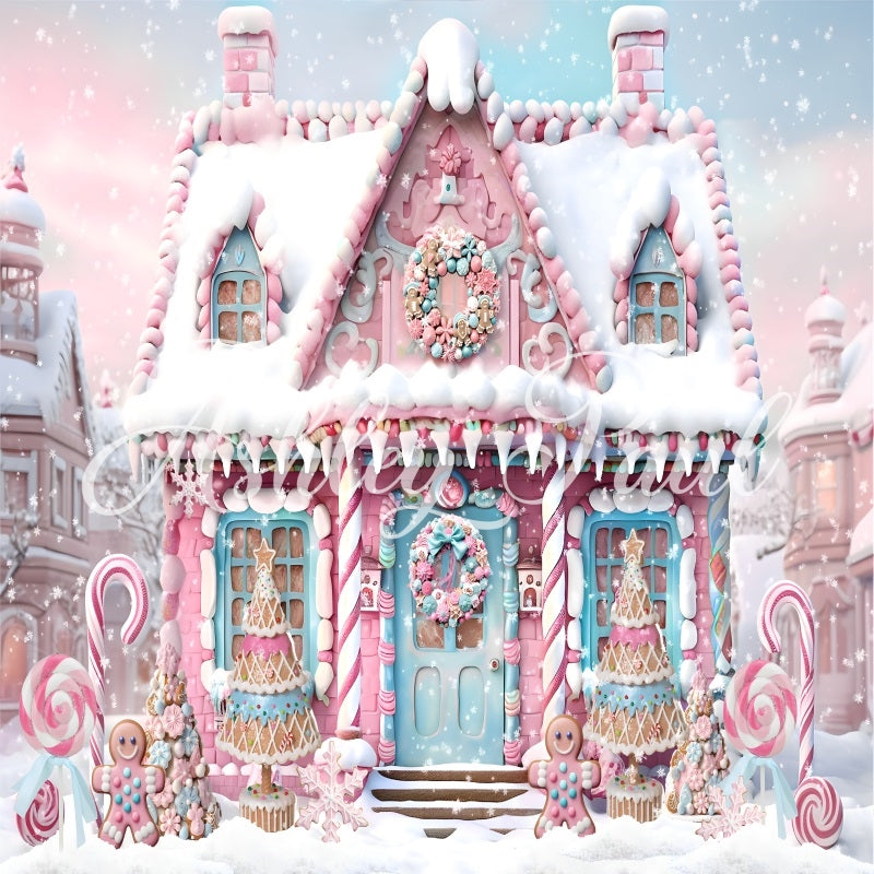 Kate Pink Christmas Gingerbread Man House Backdrop Designed by Ashley Paul