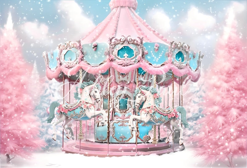 Kate Winter Christmas Pink and White Carousel Backdrop Designed by Ashley Paul