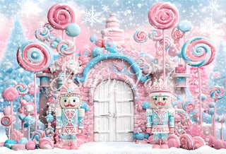 Winter Kerst Roze Snoep Witte Deur Notenkraker Foto Achtergrond Ontworpen door Ashley Paul