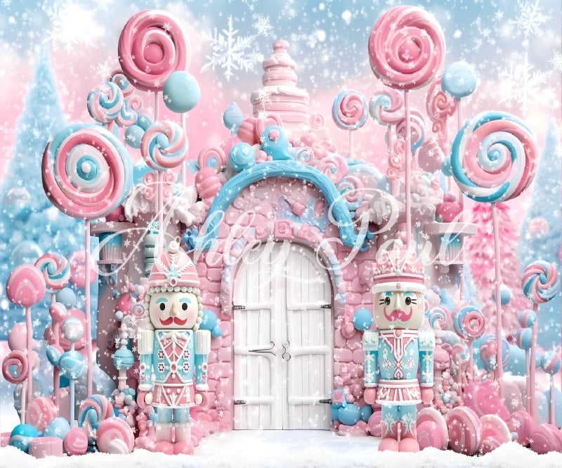 Kate Winter Christmas Pink Candy White Door Nutcracker Backdrop Designed by Ashley Paul
