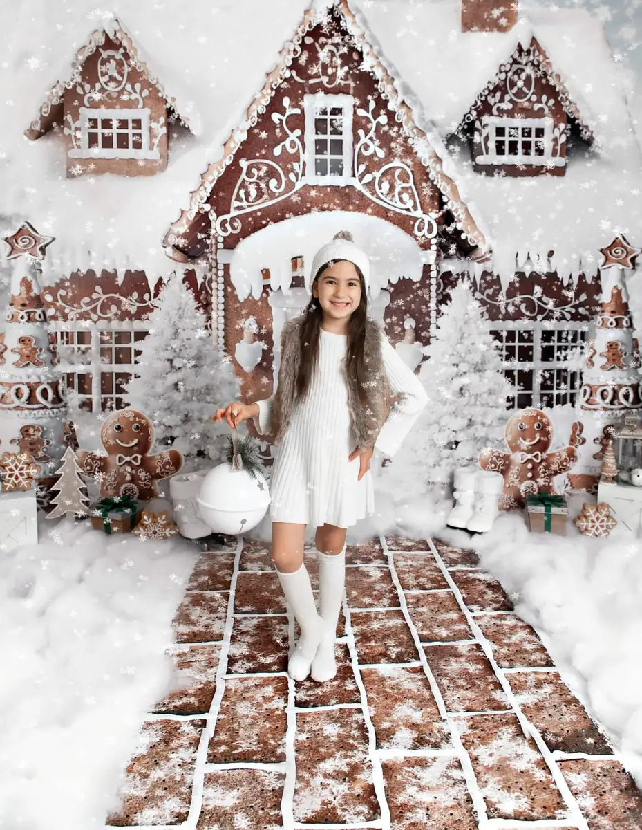 Kate Winter Christmas Gingerbread House Baking Cookies Backdrop+Winter Snow Brown Brick Path Floor Backdrop