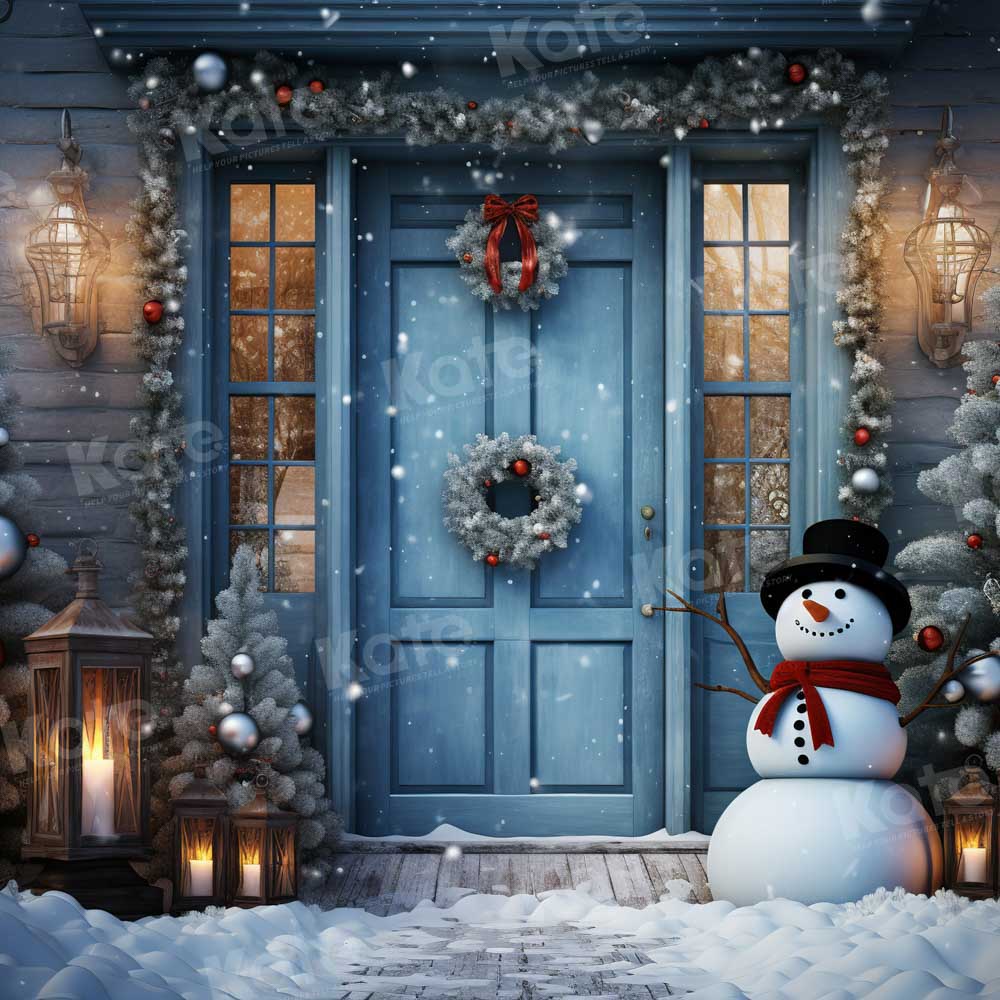 RTS Kate Winter Snowy Blue Door Snowman Backdrop Designed by Chain Photography
