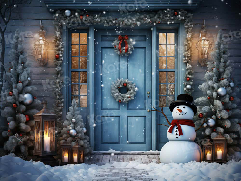 Kate Winter Snowy Blue Door Snowman Backdrop Designed by Chain Photography