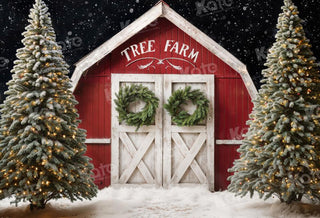 Kate Winter Christmas Tree Farm Red Barn Printed Backdrop Designed by Chain Photography