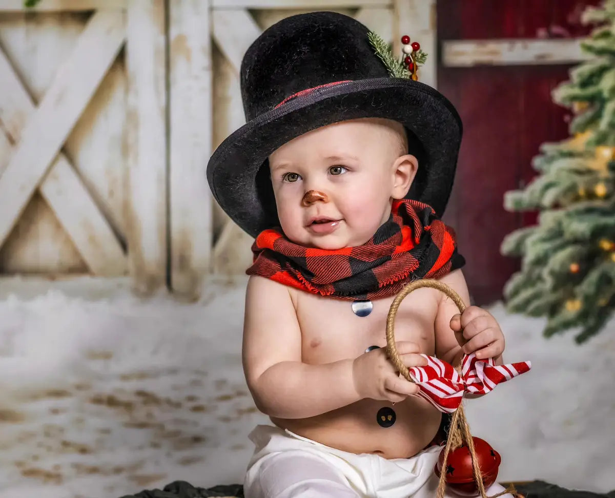 Kate Winter Christmas Tree Farm Red Barn Backdrop Designed by Chain Photography