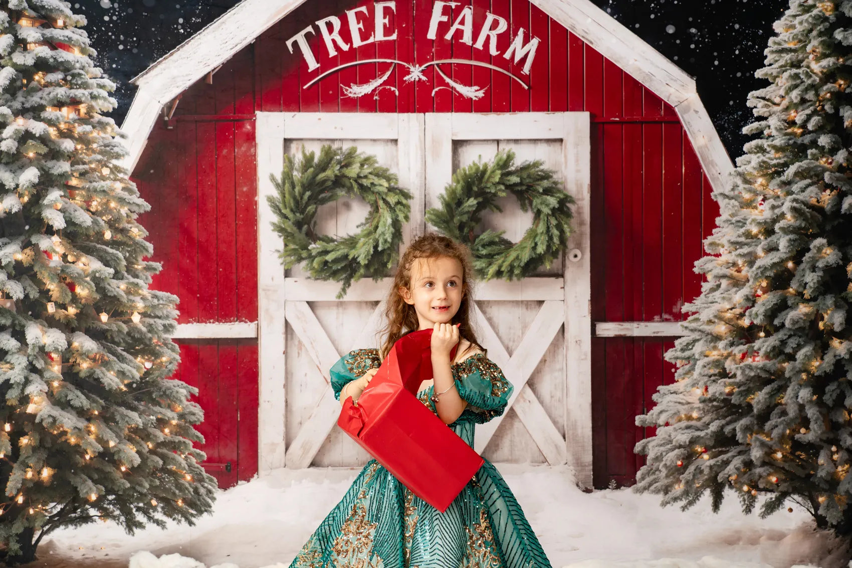 RTS Kate Winter Christmas Tree Farm Red Barn Backdrop Designed by Chain Photography