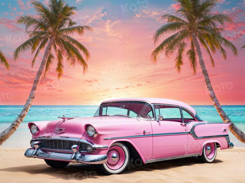 Kate Summer Sunset Pink Car Beach Backdrop Designed by Chain Photography