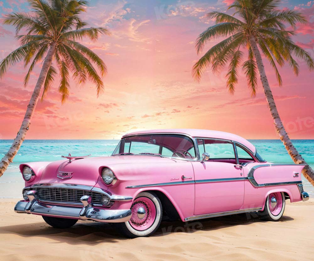 Kate Summer Sunset Pink Car Beach Backdrop Designed by Chain Photography
