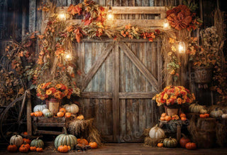 Kate Autumn Leaves Retro Pumpkin Barn Printed Backdrop Designed by Emetselch