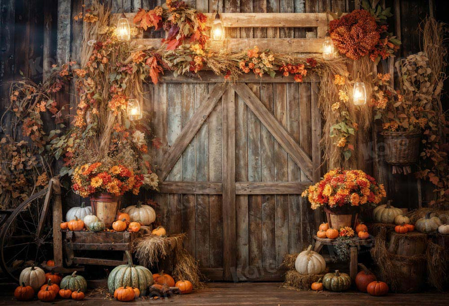 Rustic Autumn Harvest Wooden Door Backdrop