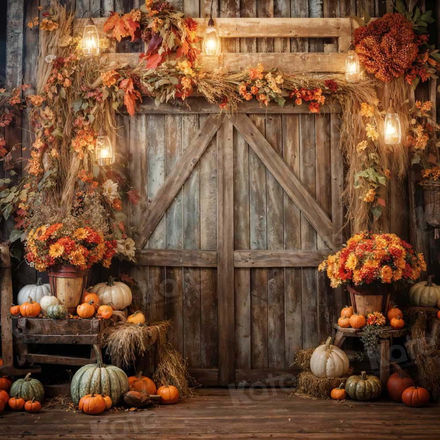 Rustic Autumn Harvest Wooden Door Backdrop