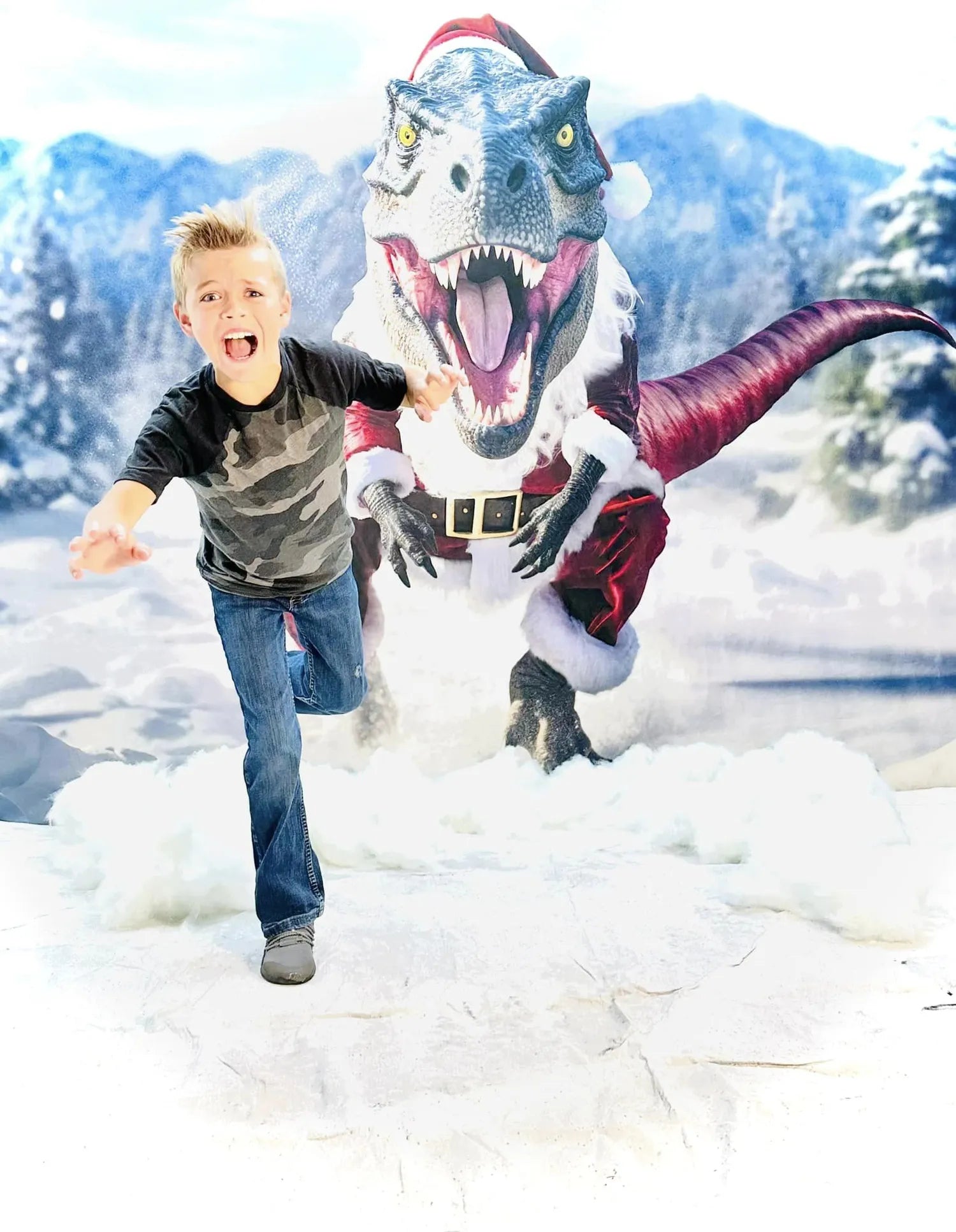 Kate T-Rex with Christmas Santa Clothes in Winter Backdrop Designed by Mini MakeBelieve
