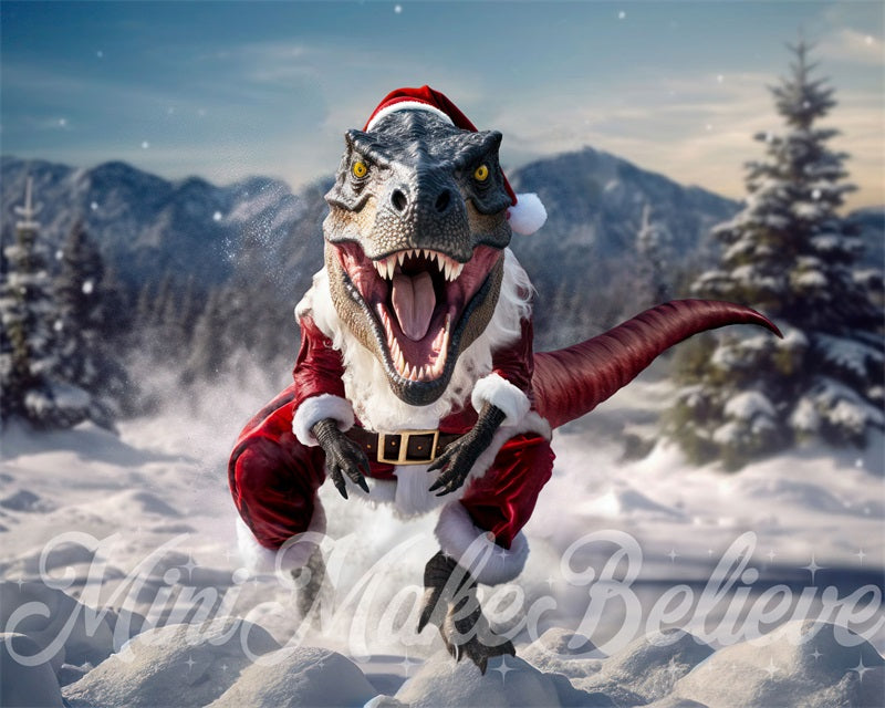 Kate T-Rex with Christmas Santa Clothes in Winter Backdrop Designed by Mini MakeBelieve