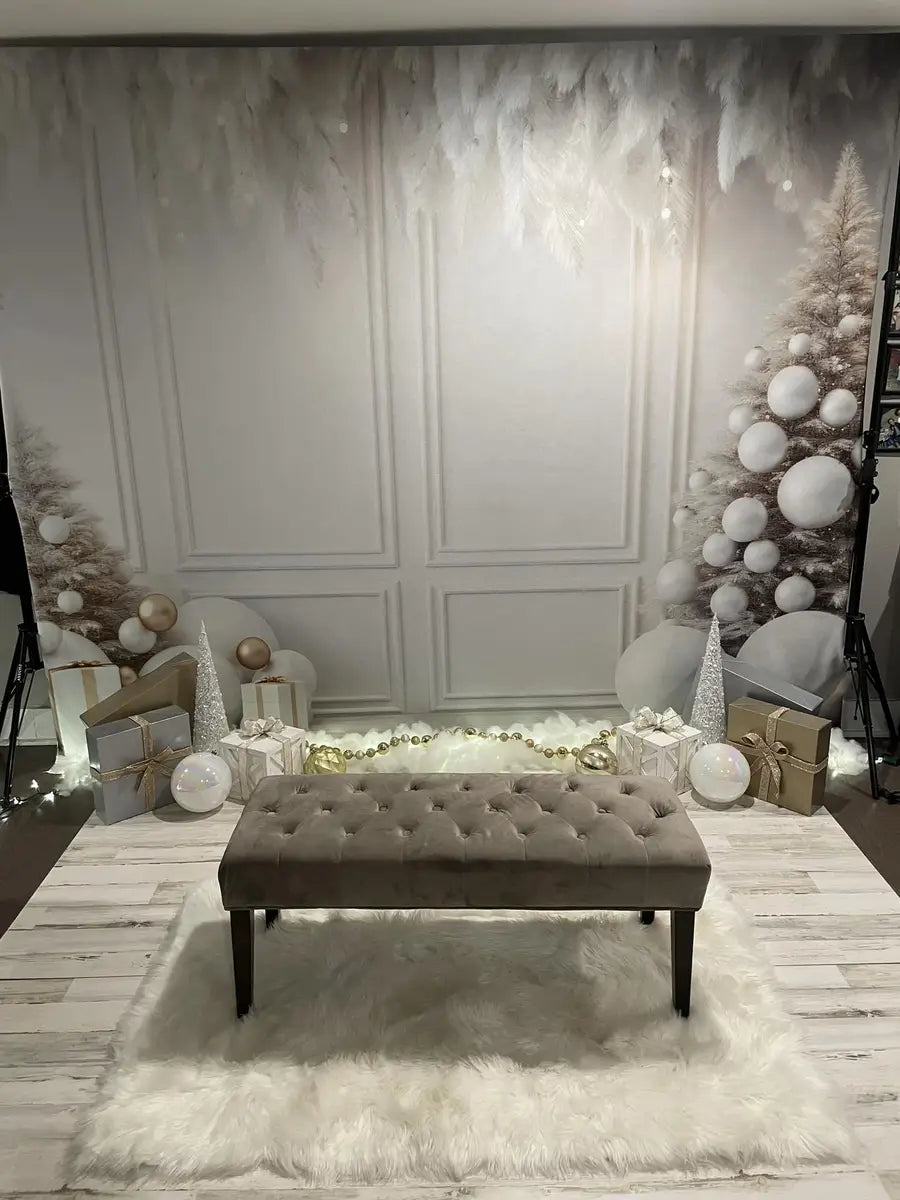 Kate Christmas White Wall Feathers & Gold Fleece Backdrop Designed by Lidia Redekopp