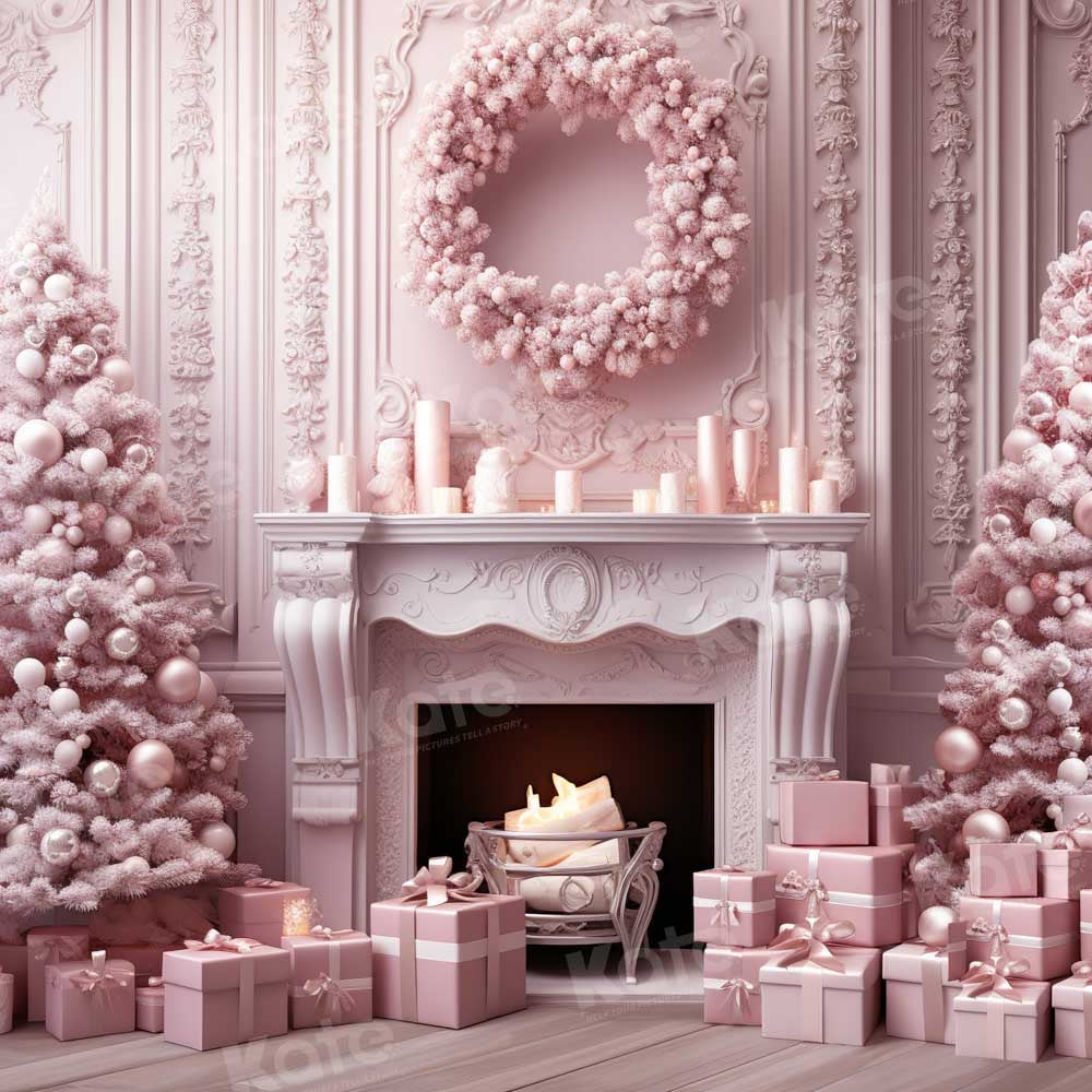 Kate Christmas Pink World Fireplace Tree Fashion Doll Backdrop Designed by Emetselch