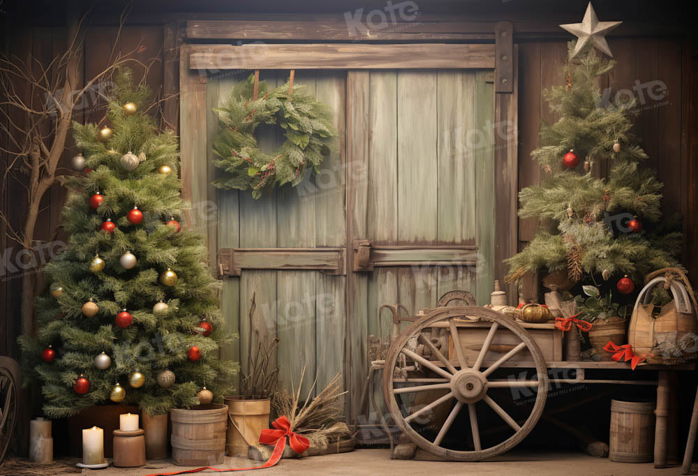Kate Christmas Painted Brown Barn Green Tree Backdrop Designed by Emetselch