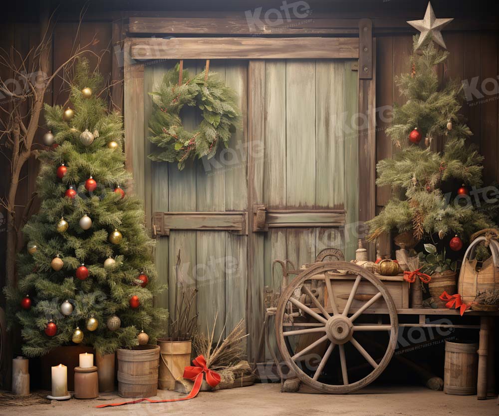 Kate Christmas Painted Brown Barn Green Tree Backdrop Designed by Emetselch