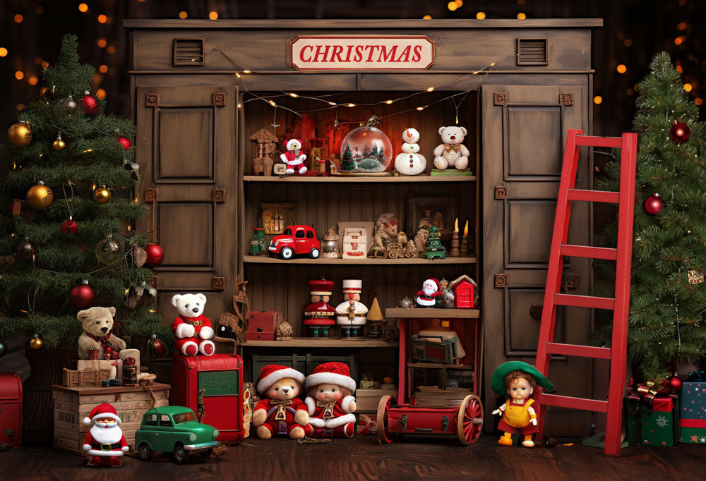 Kate Christmas Cupboard Teddy Bear Red Ladder Backdrop Designed by Emetselch