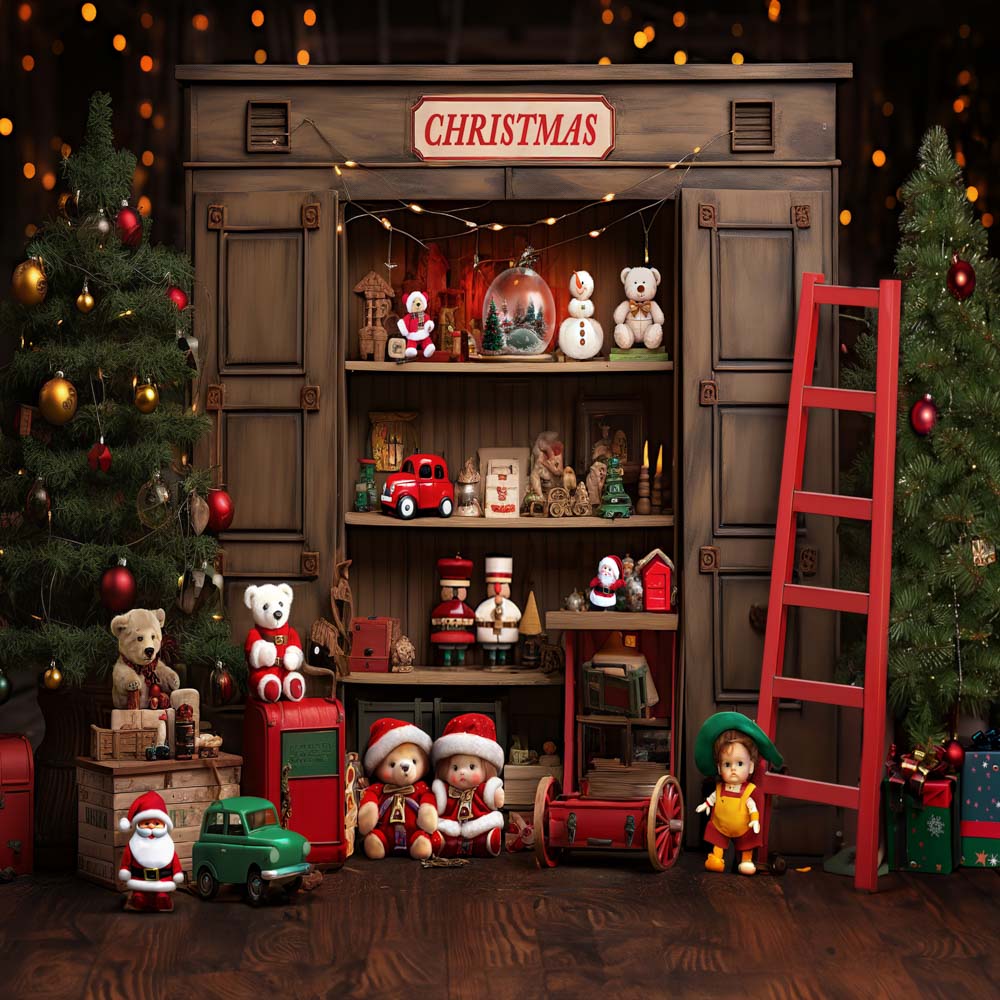 Kate Christmas Cupboard Teddy Bear Red Ladder Backdrop Designed by Emetselch
