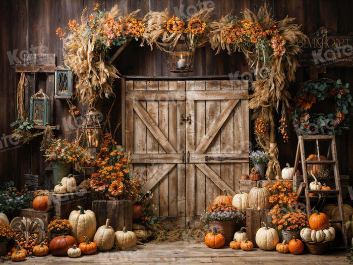 Rustic Autumn Harvest Wooden Door Backdrop