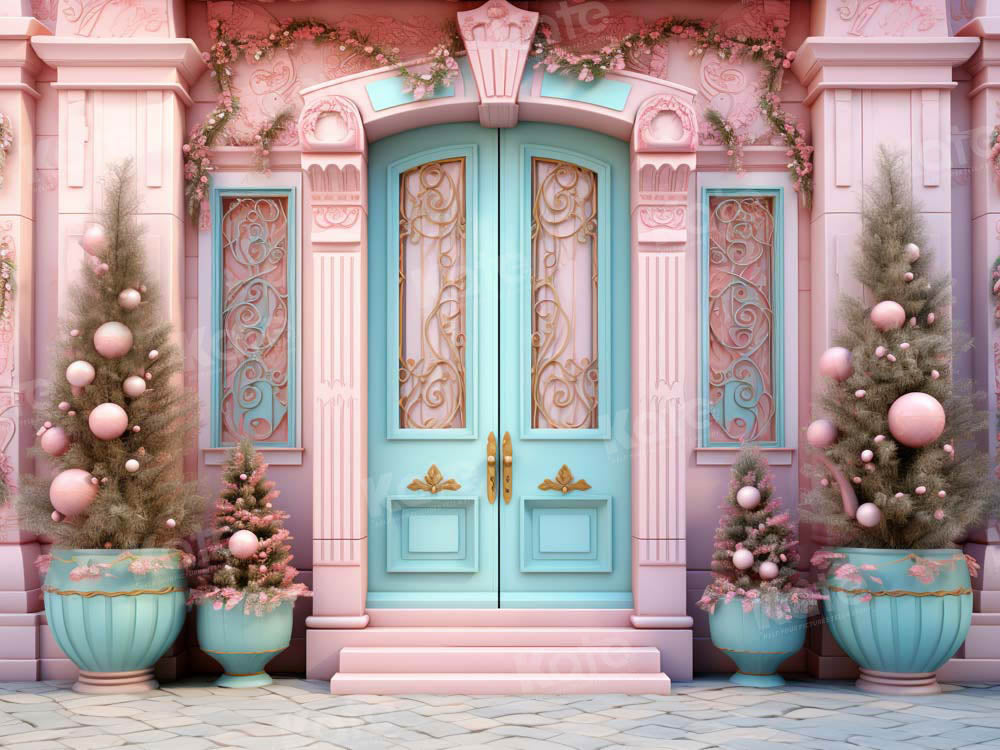 Kate Christmas Pink House Blue Door Backdrop Designed by Emetselch
