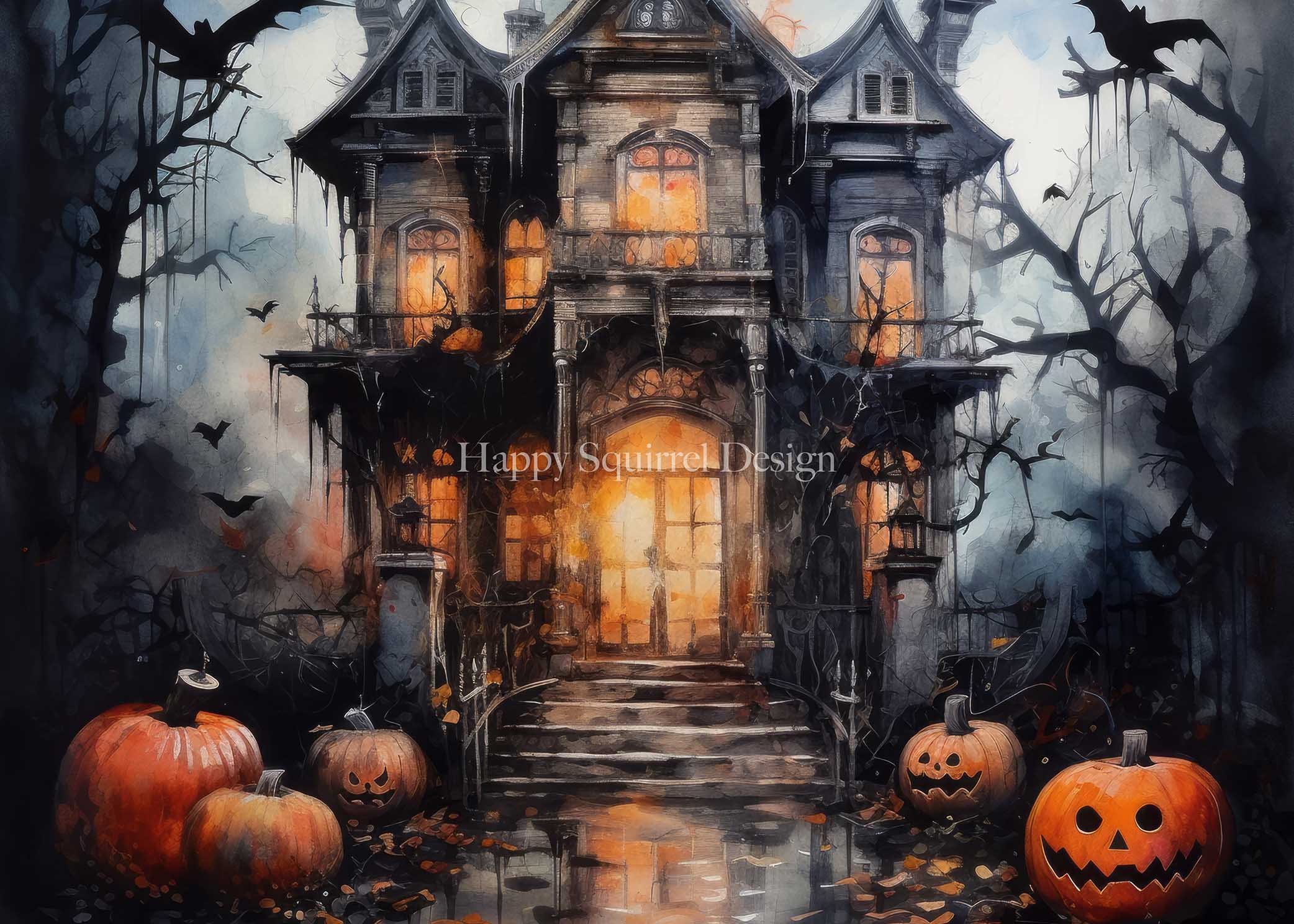 Kate Halloween Spooky Watercolor Mansion Backdrop Designed by Happy Squirrel Design