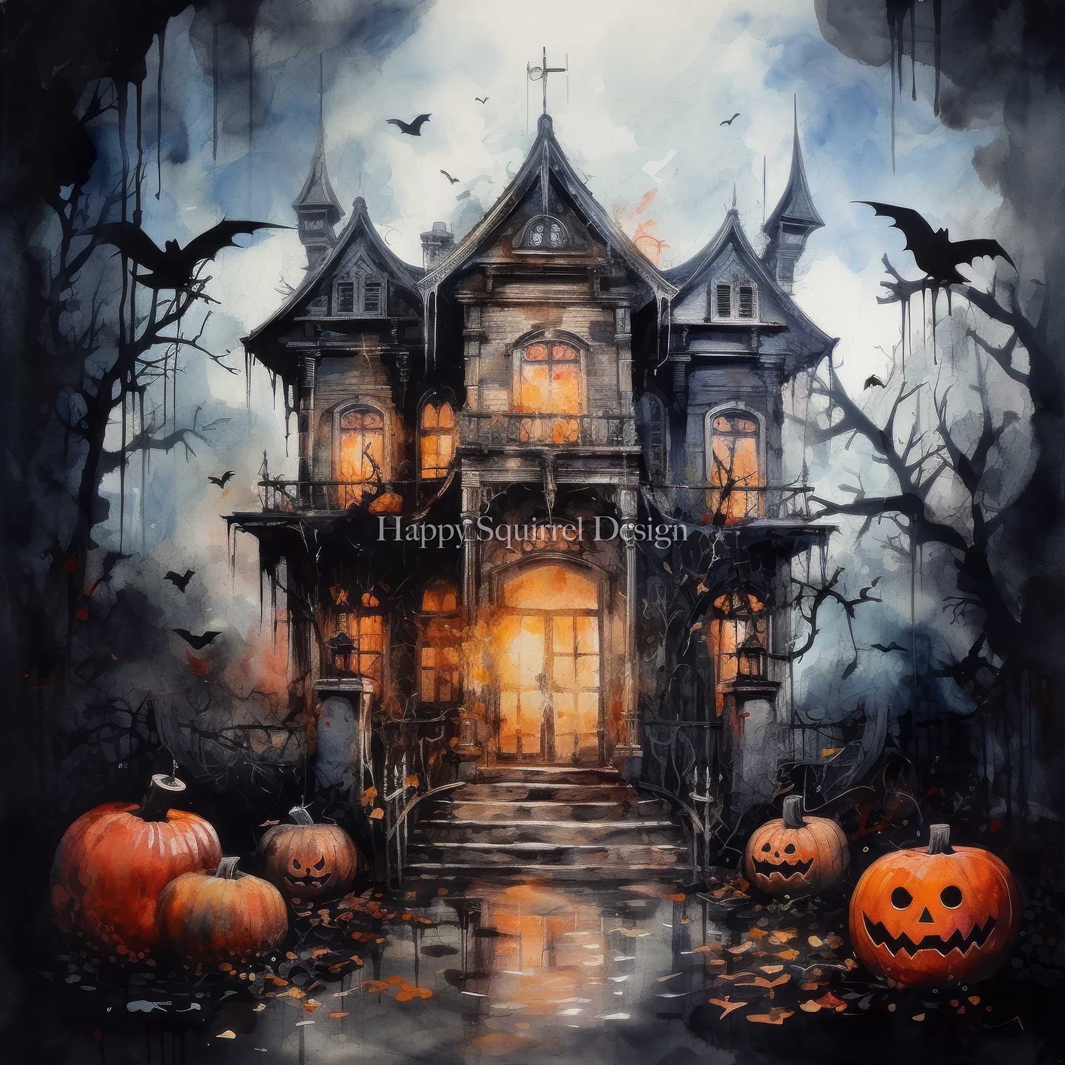 Kate Halloween Spooky Watercolor Mansion Backdrop Designed by Happy Squirrel Design
