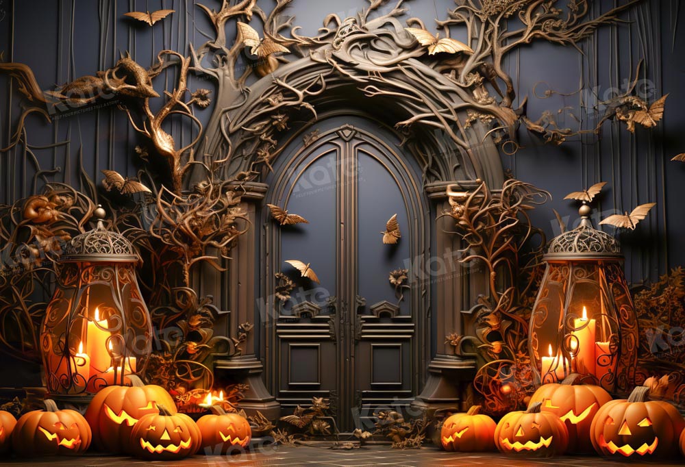 Kate Halloween Spooky Pumpkin Black Door Backdrop Designed by Emetselch