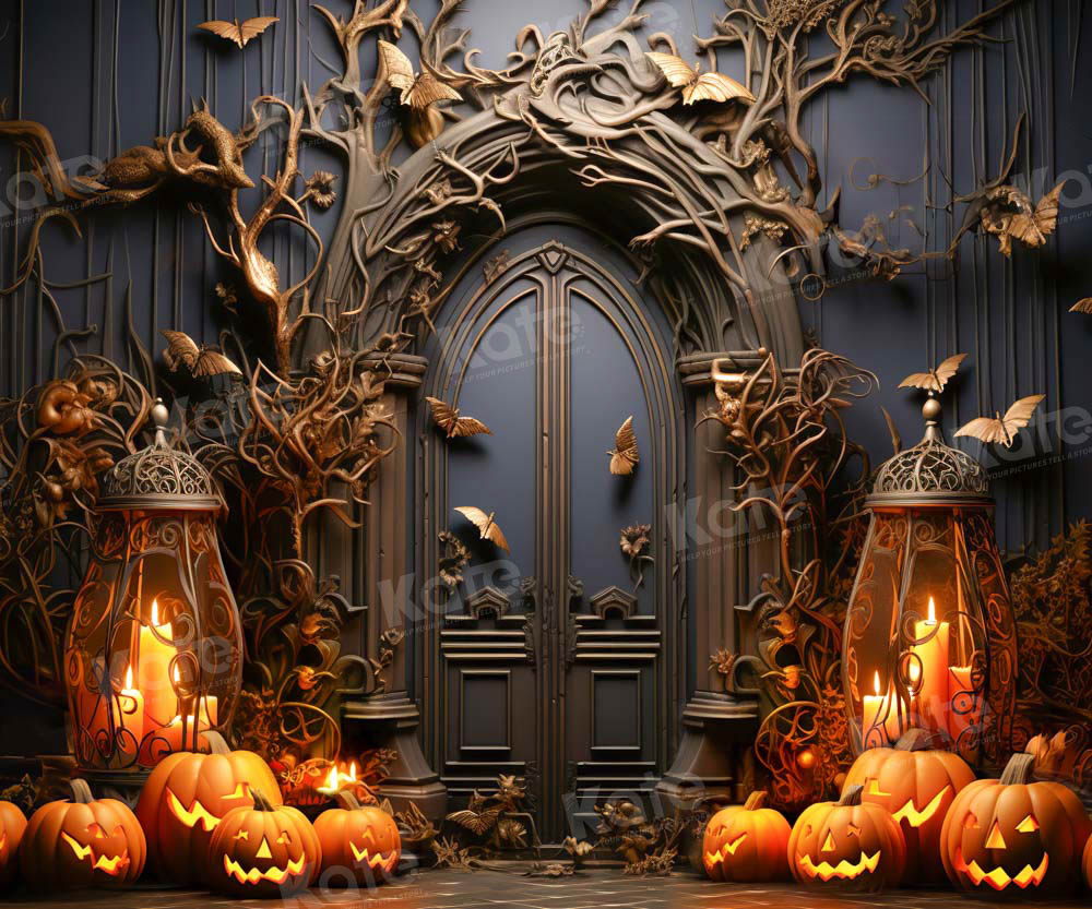 Kate Halloween Spooky Pumpkin Black Door Backdrop Designed by Emetselch