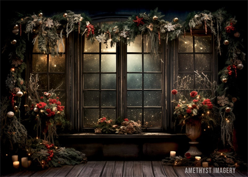 Kate Christmas Holly Window Black Wall Backdrop Designed by Angela Miller