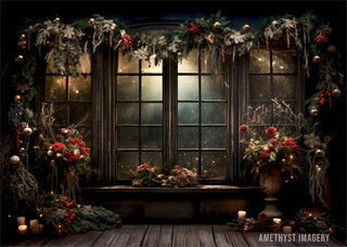 Kate Christmas Holly Window Black Wall Printed Backdrop Designed by Angela Miller