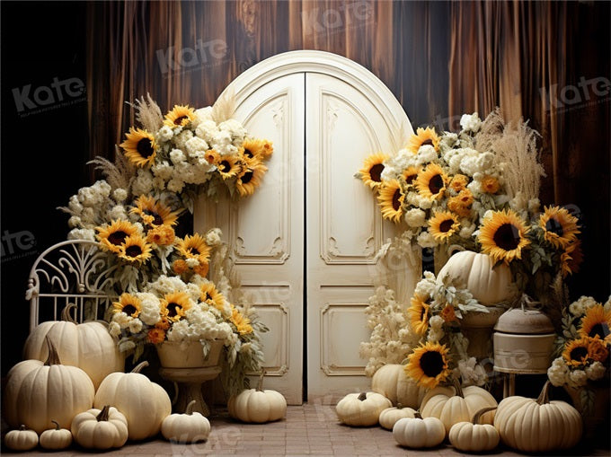 Kate Autumn/Fall Sunflower White Pumpkin Barn Thanksgiving Day Backdrop Designed by Emetselch