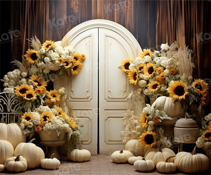 Kate Autumn/Fall Sunflower White Pumpkin Barn Thanksgiving Day Backdrop Designed by Emetselch