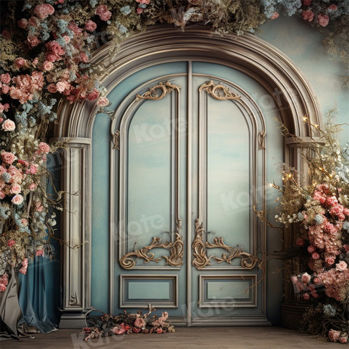 Kate Blue Door Pink Floral Arch Fleece Backdrop Designed by Emetselch
