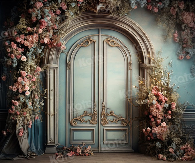 Kate Blue Door Pink Floral Arch Fleece Backdrop Designed by Emetselch