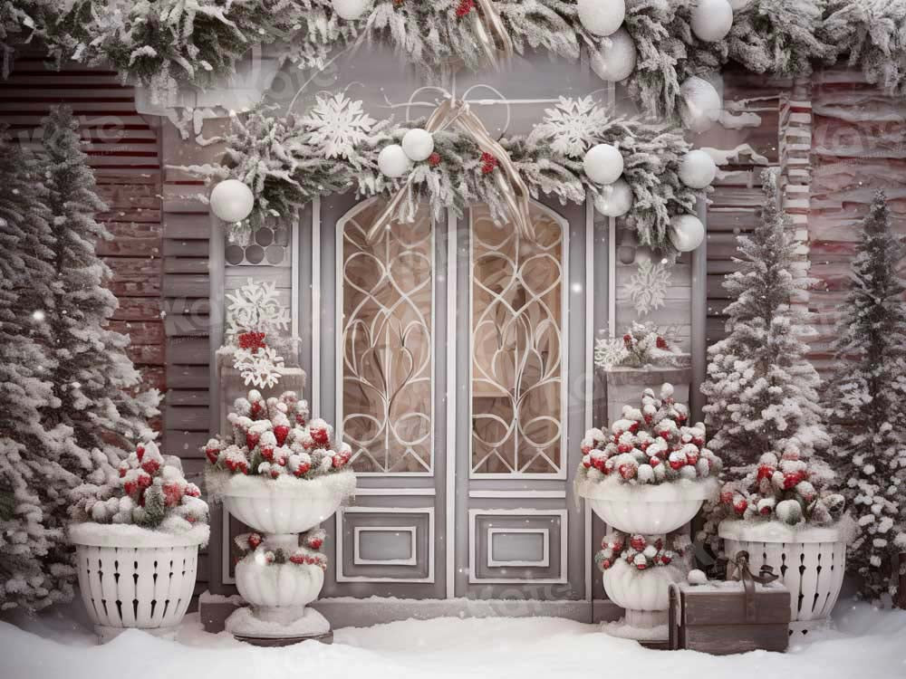 Kate Winter Christmas House Door with Red Backdrop Designed by Emetselch